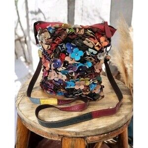Vtg Multicolor 3D Leather Flower Purse Adjustable Shoulder & Crossbody Bag Boho